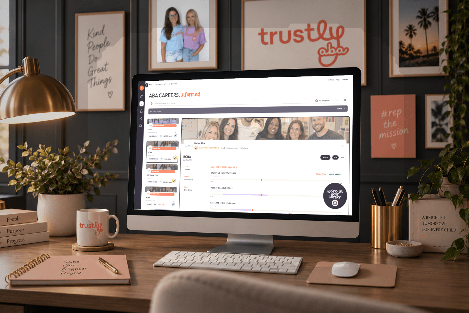 Illustration of a Trustly desk with the Trusted Jobs board on screen