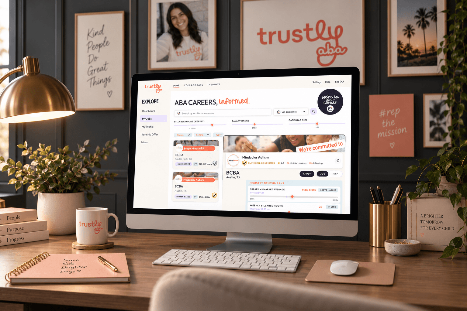 Trustly desk with the Trusted Jobs board on screen